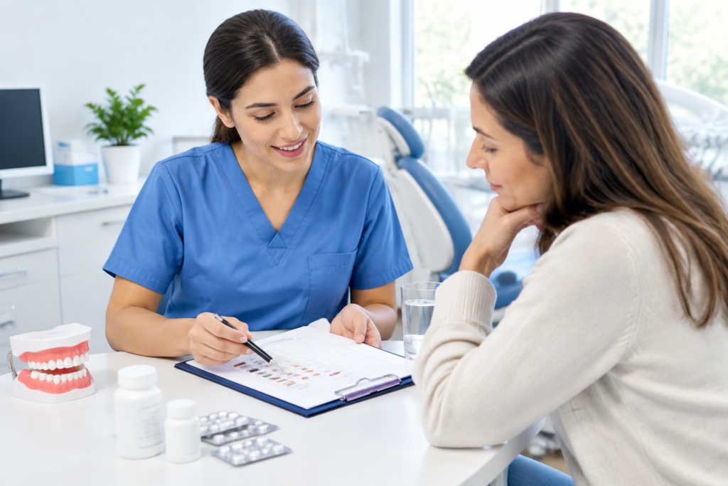 Profesional de odontología revisando los antecedentes y medicamentos de una paciente durante una consulta.