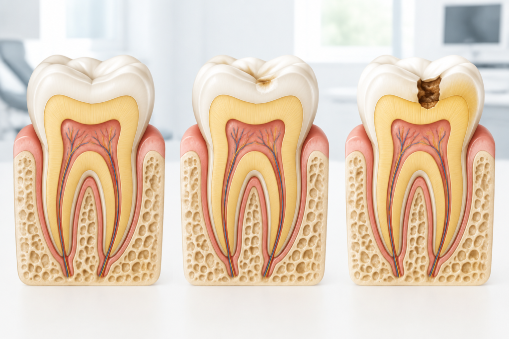 Comparación entre esmalte sano, lesión inicial sin hueco y caries con cavidad.
