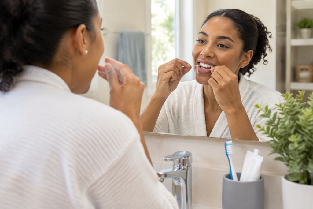 Mujer realizando limpieza interdental como parte de su rutina de cuidado bucal.