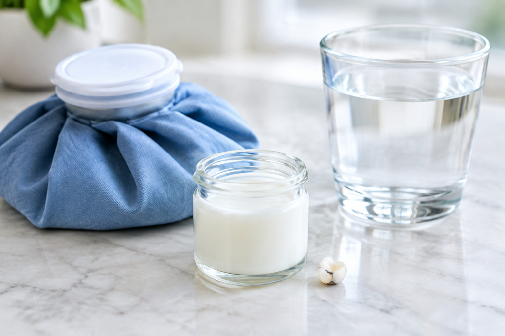 Recipiente con leche para conservar un fragmento dental y compresa fría envuelta en tela.