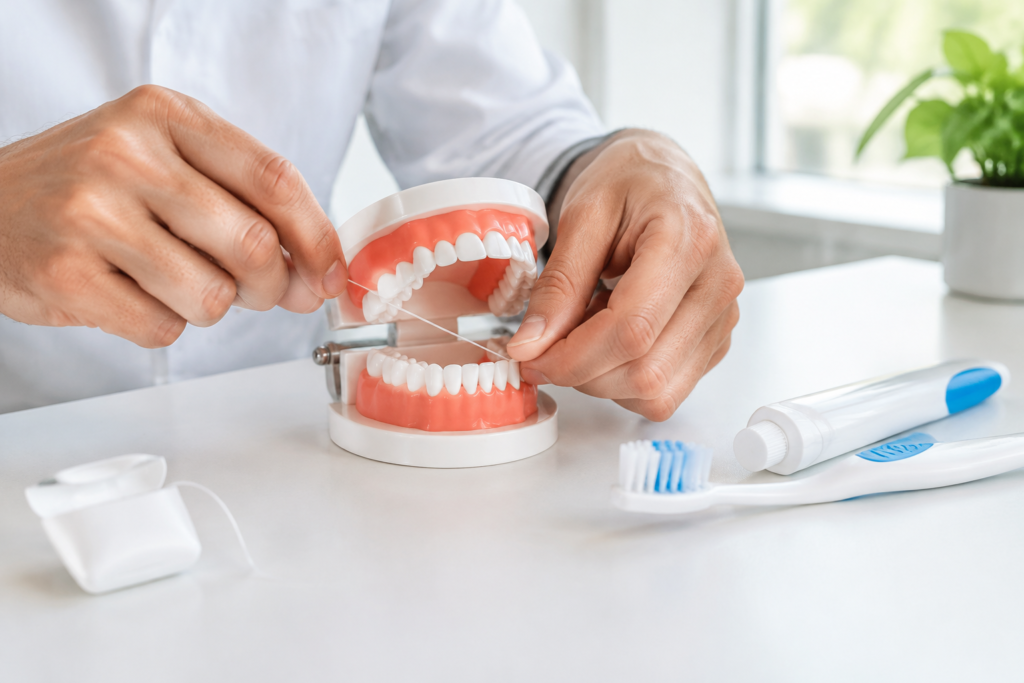 Demostración de limpieza entre los dientes con hilo dental sobre un modelo anatómico.