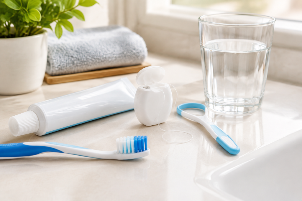 Cepillo, pasta dental, hilo dental y limpiador de lengua para una rutina de higiene bucal.