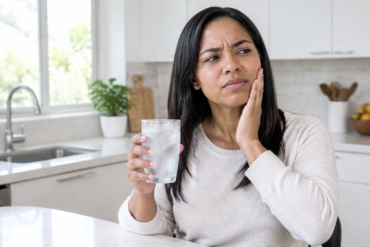 Persona con molestia dental leve al tomar un vaso de agua fría.