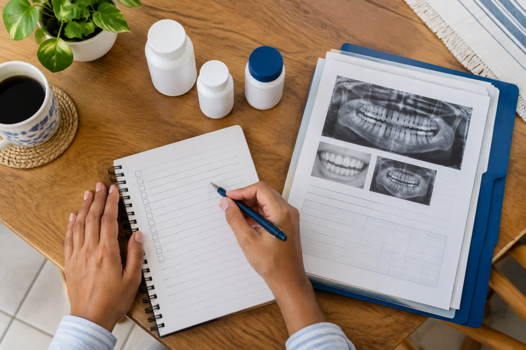Preparación de una lista de medicamentos y documentos médicos para llevar a la consulta dental.