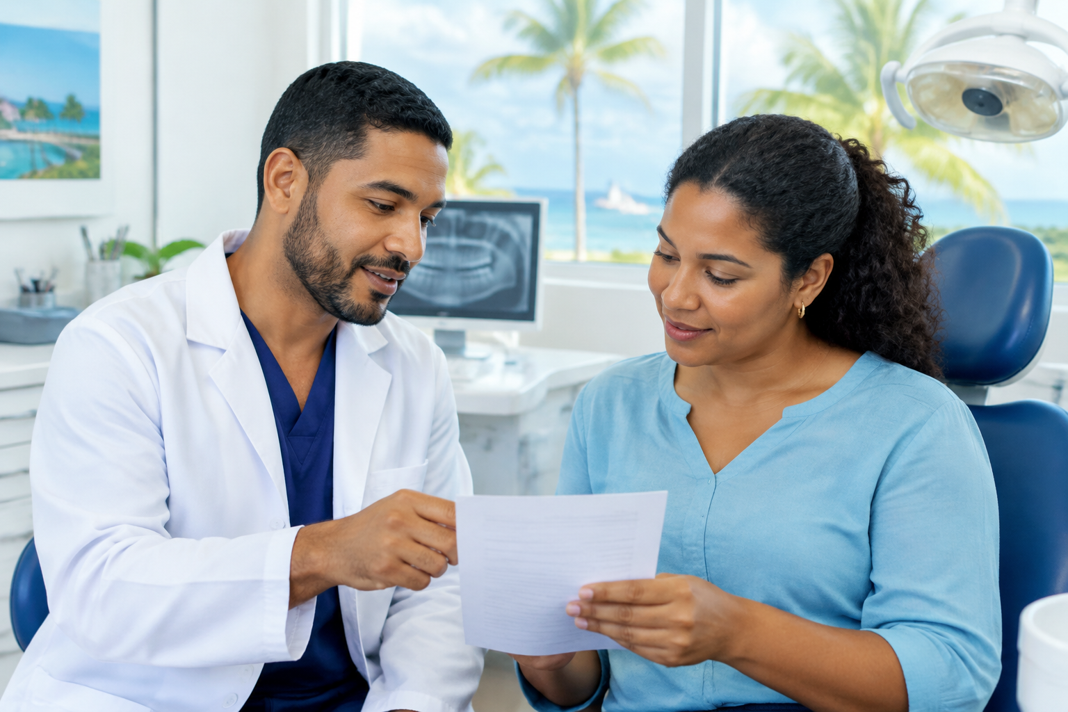 Odontólogo conversa con una paciente sobre sus medicamentos antes de una evaluación dental.