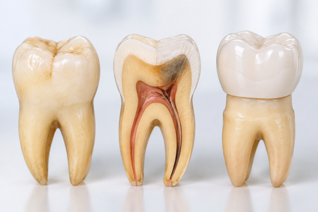 Ilustración de pigmentación superficial, cambio de color interno y una corona dental.
