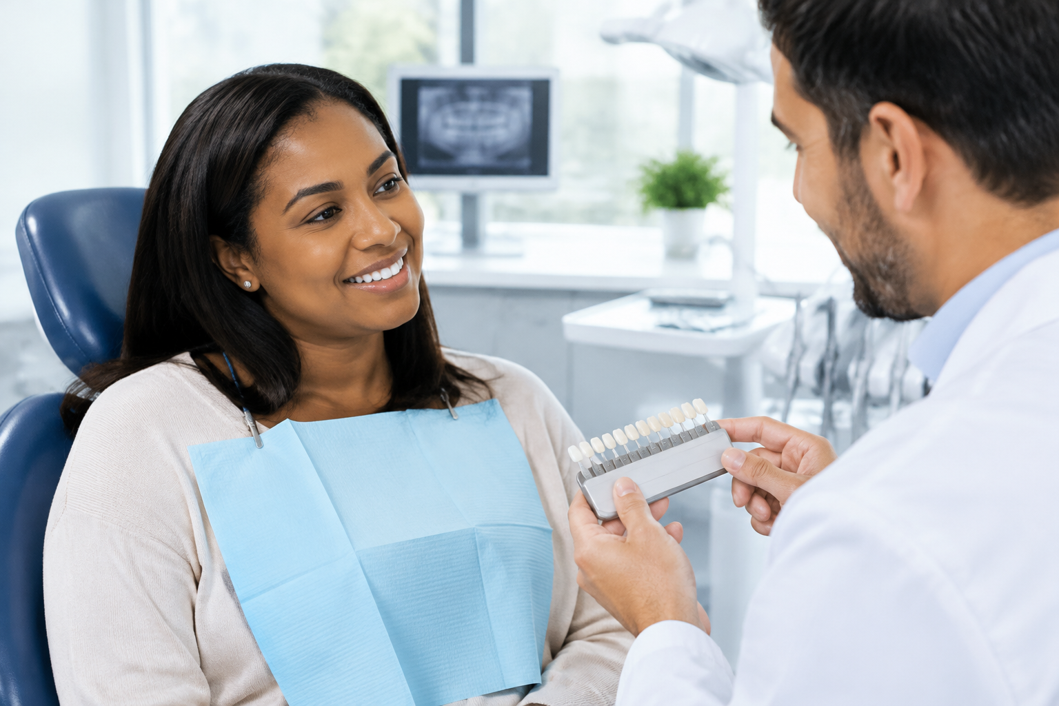 Paciente conversa con un odontólogo sobre el color natural de sus dientes y las opciones de blanqueamiento.