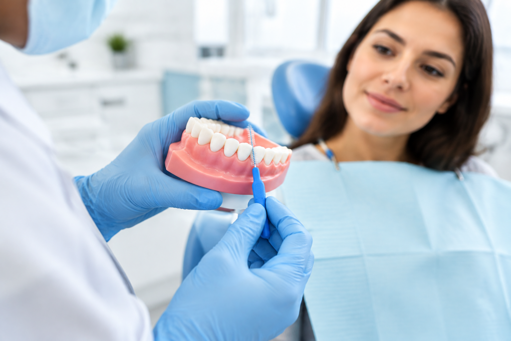 Demostración de la selección y colocación de un cepillo interdental sobre un modelo dental.