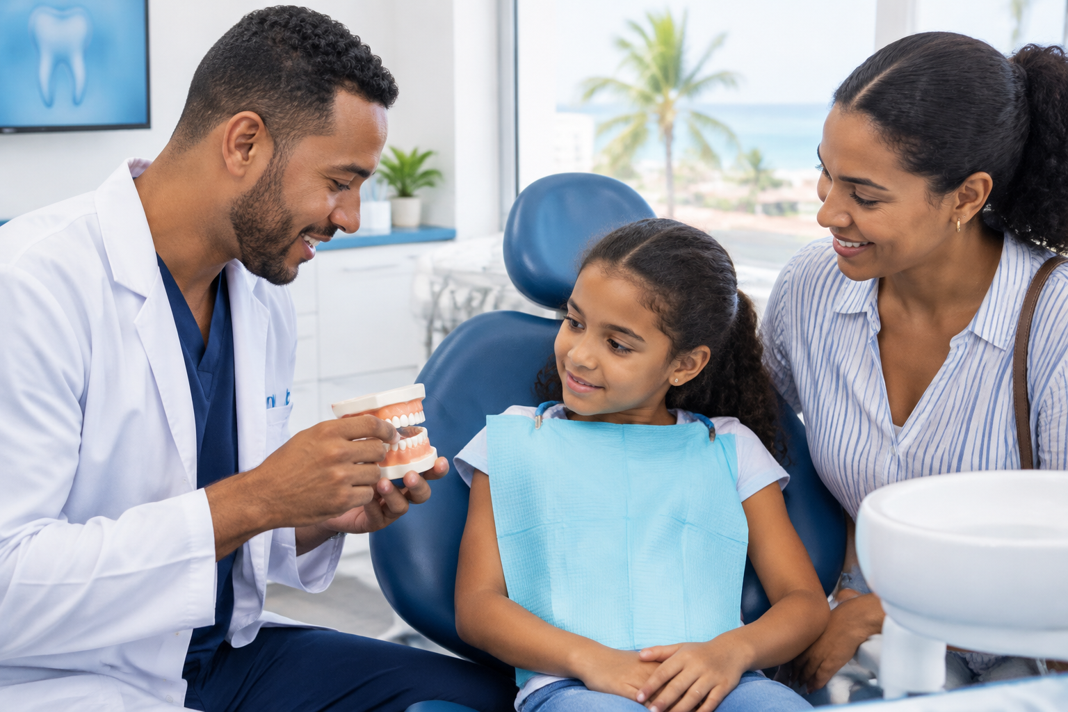 Odontólogo explica el recambio dental a un niño y su madre durante una consulta.