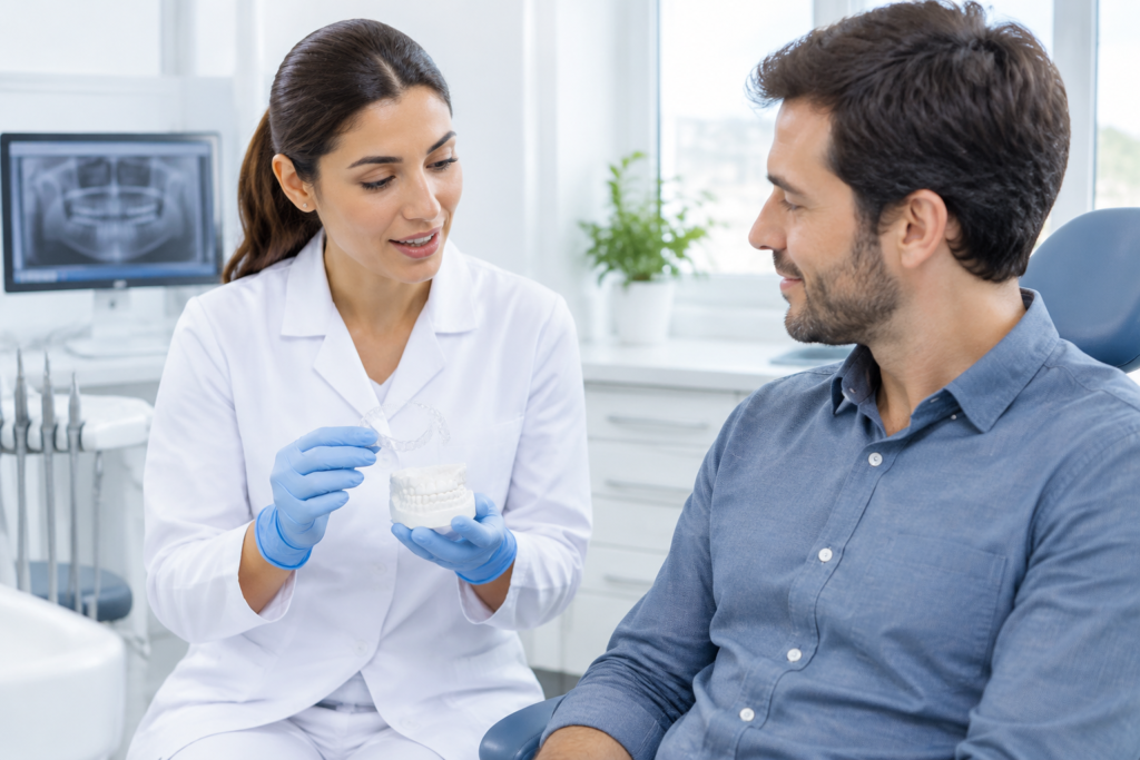 Profesional de odontología explica a un paciente el uso de una férula sobre un modelo dental.