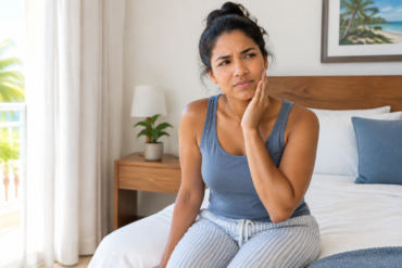 Persona sentada en la cama al despertar con una mano sobre la mandíbula.
